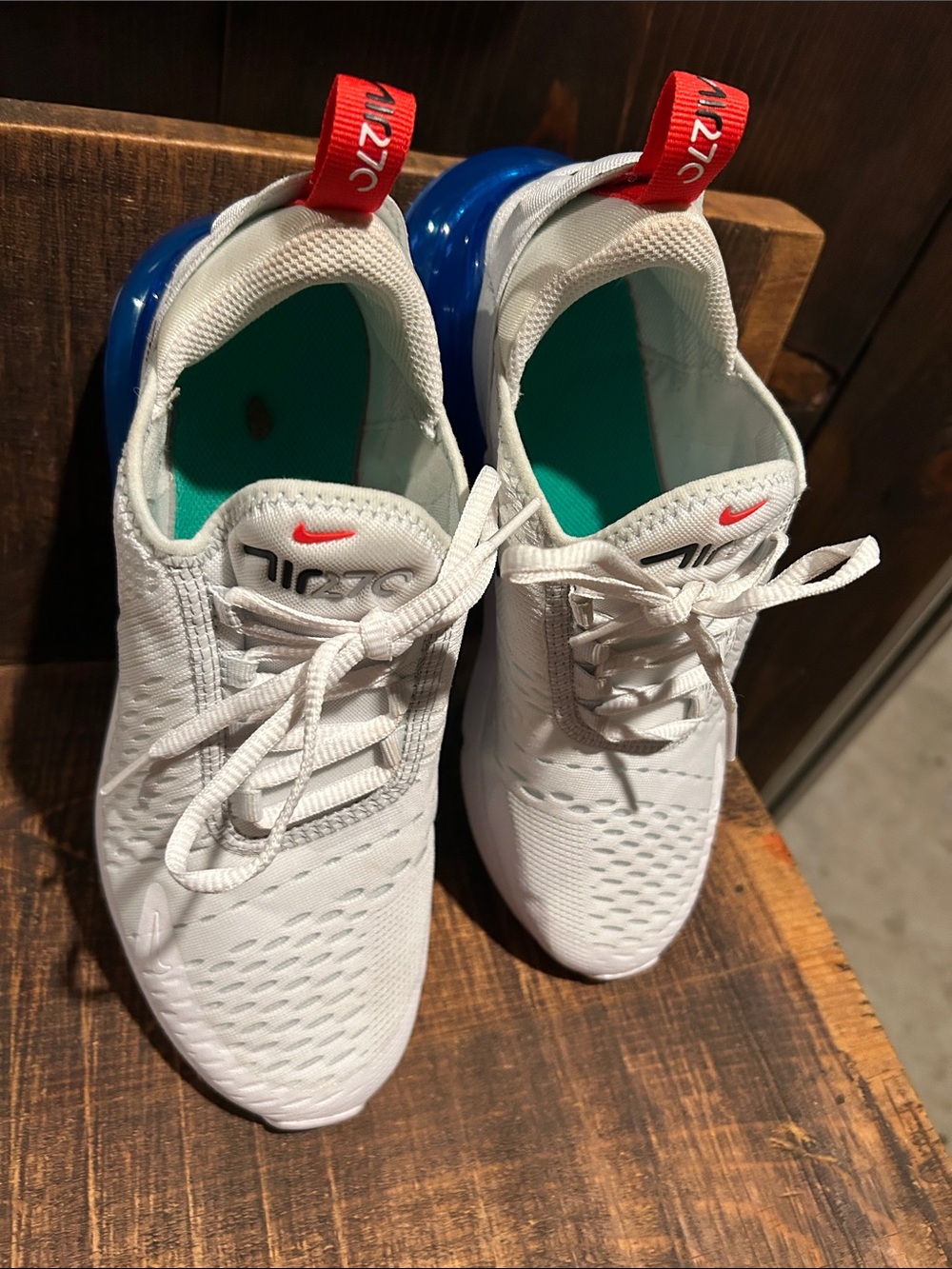 Nike Kids White Sneakers with Blue Heel and Red Pull Tab